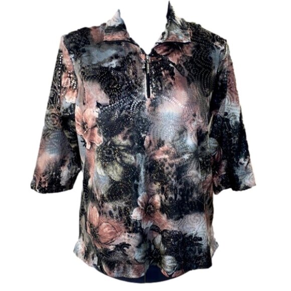 Women's Floral Sparkle Mid Sleeve Quarter (1/4) Zip Blouse (Size Large) - Picture 1 of 11